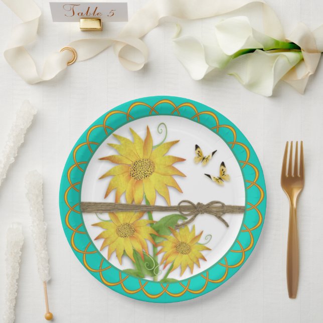 Sunflowers and Butterflies Scalloped Border Paper Plate (Wedding)