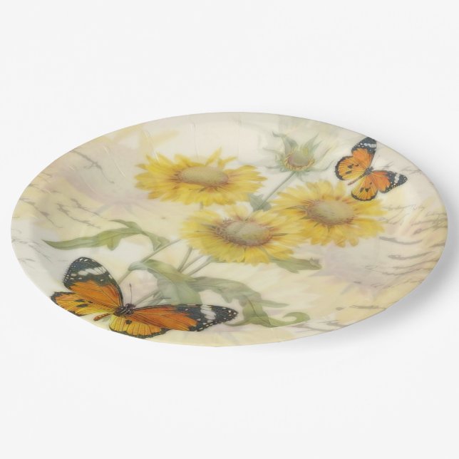 Sunflowers and butterfly paper plate (Angled)