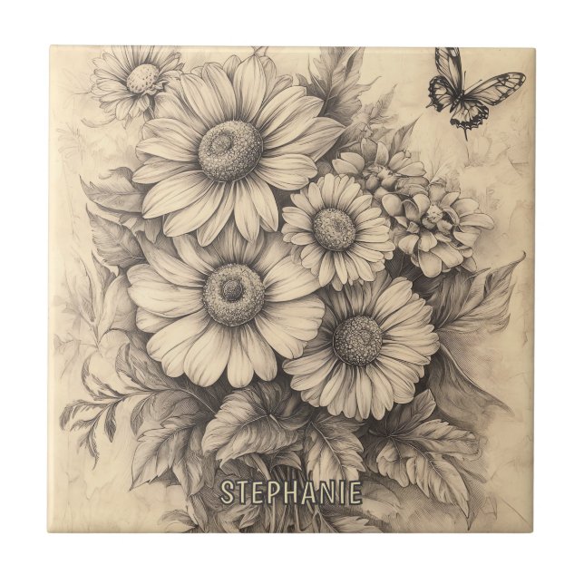 Sunflowers and Butterfly - Rustic Aged Paper Ceramic Tile (Front)