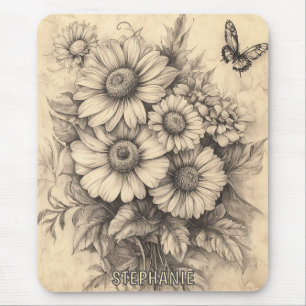 Sunflowers and Butterfly - Rustic Aged Paper Mouse Pad
