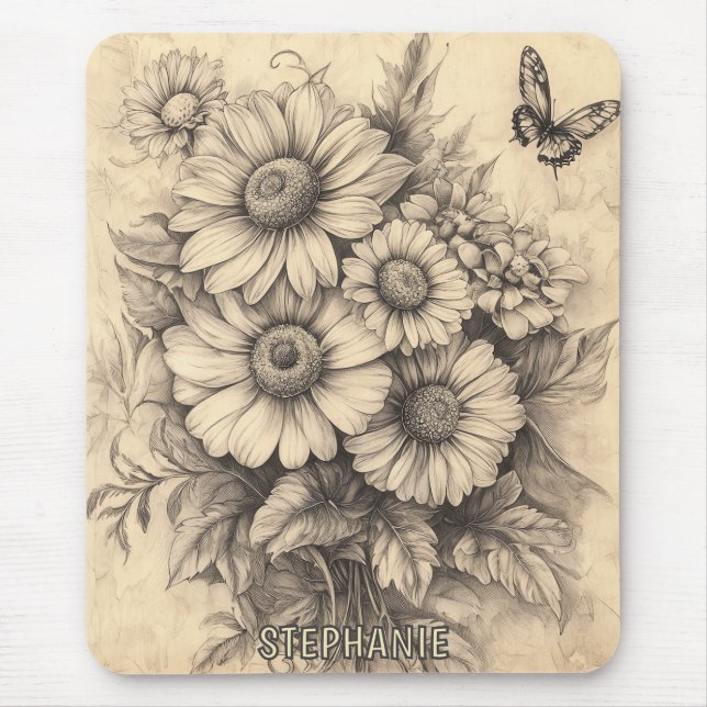 Sunflowers and Butterfly - Rustic Aged Paper Mouse Pad (Front)