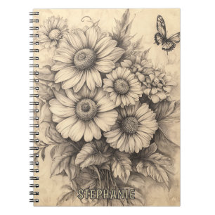 Sunflowers and Butterfly - Rustic Aged Paper Notebook