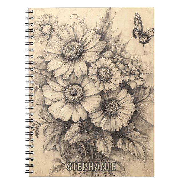 Sunflowers and Butterfly - Rustic Aged Paper Notebook (Front)