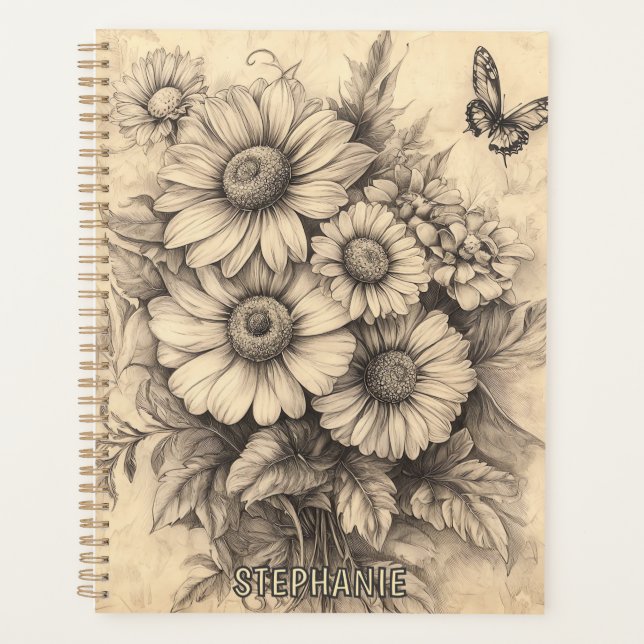 Sunflowers and Butterfly - Rustic Aged Paper Planner (Front)