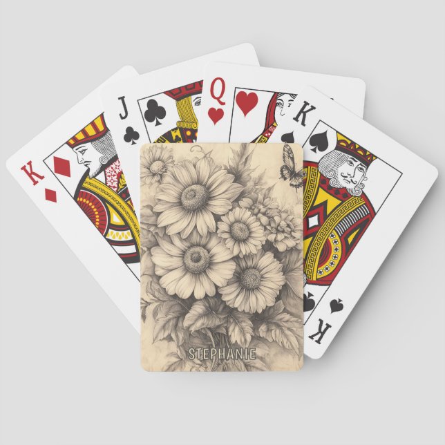 Sunflowers and Butterfly - Rustic Aged Paper Playing Cards (Back)