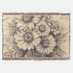 Sunflowers and Butterfly - Rustic Aged Paper Throw Blanket