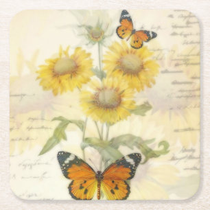 Sunflowers and butterfly square paper coaster