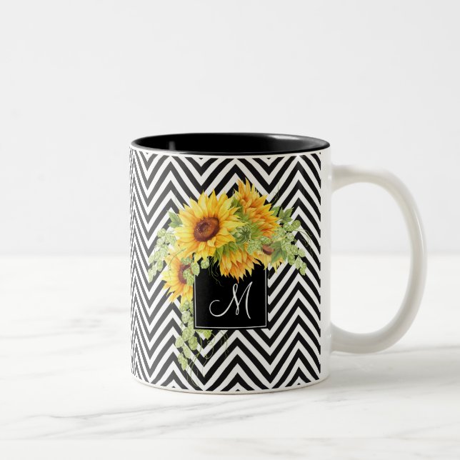 Sunflowers and Chevron Stripes with Monogram Two-Tone Coffee Mug (Right)