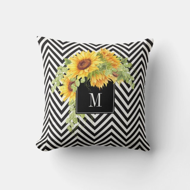 Sunflowers and Chevron Stripes with Your Monogram Cushion (Front)