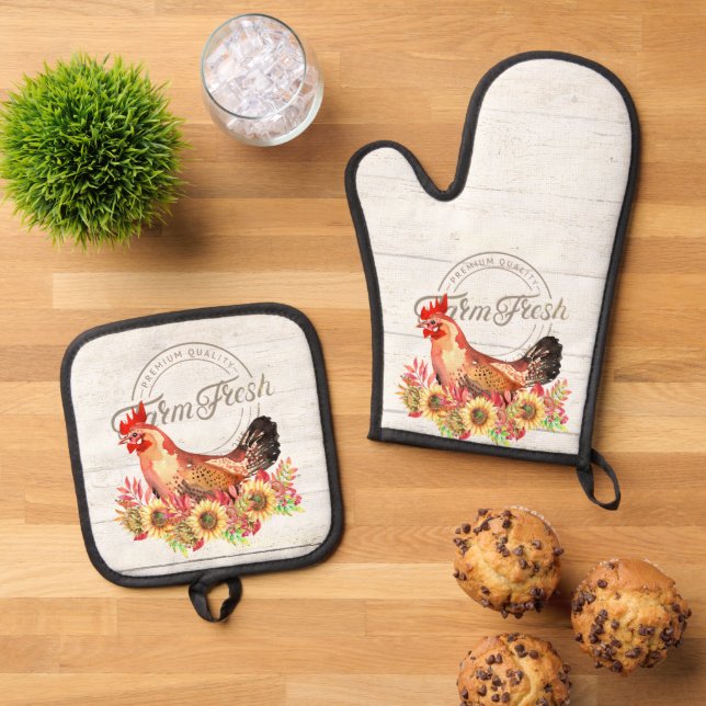 Sunflowers and chicken farm fresh oven mitt & pot holder set (Top Down)