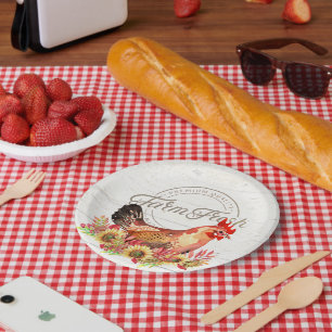 Sunflowers and chicken farm fresh paper plate