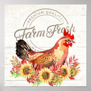 Sunflowers and chicken farm fresh poster