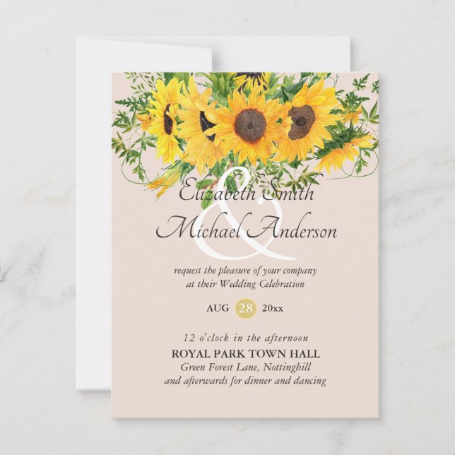 Sunflowers and Coral Wedding Invitations (Front)
