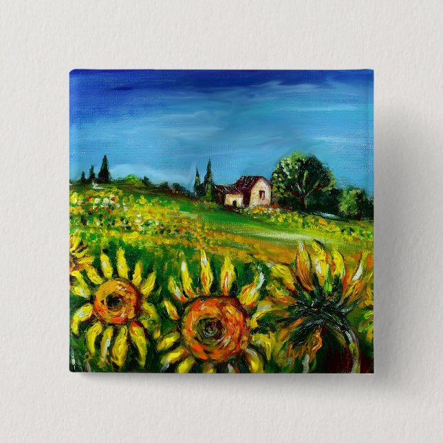 SUNFLOWERS AND COUNTRYSIDE IN TUSCANY 15 CM SQUARE BADGE (Front)