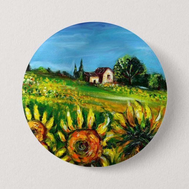 SUNFLOWERS AND COUNTRYSIDE IN TUSCANY 7.5 CM ROUND BADGE (Front)