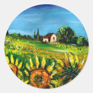 SUNFLOWERS AND COUNTRYSIDE IN TUSCANY CLASSIC ROUND STICKER