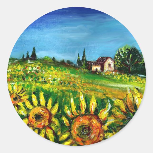 SUNFLOWERS AND COUNTRYSIDE IN TUSCANY CLASSIC ROUND STICKER (Front)