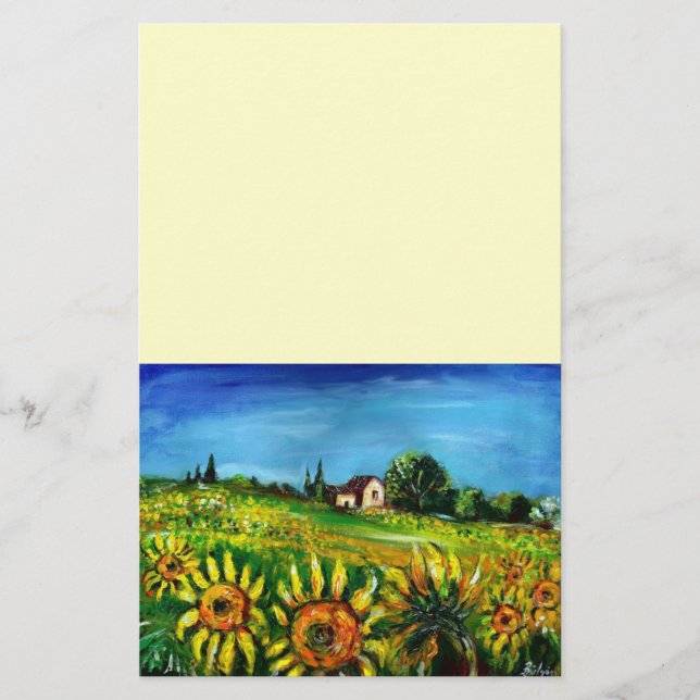 SUNFLOWERS AND COUNTRYSIDE IN TUSCANY, cream Stationery (Front)