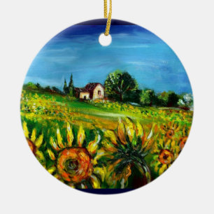 SUNFLOWERS AND COUNTRYSIDE IN TUSCANY Heart Ceramic Ornament
