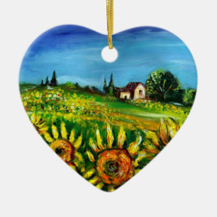 SUNFLOWERS AND COUNTRYSIDE IN TUSCANY Heart Ceramic Ornament