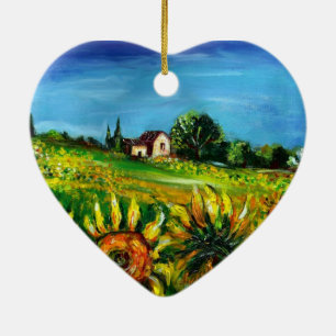 SUNFLOWERS AND COUNTRYSIDE IN TUSCANY Heart Ceramic Tree Decoration