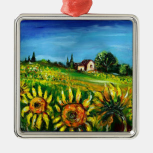 SUNFLOWERS AND COUNTRYSIDE IN TUSCANY Heart Metal Ornament