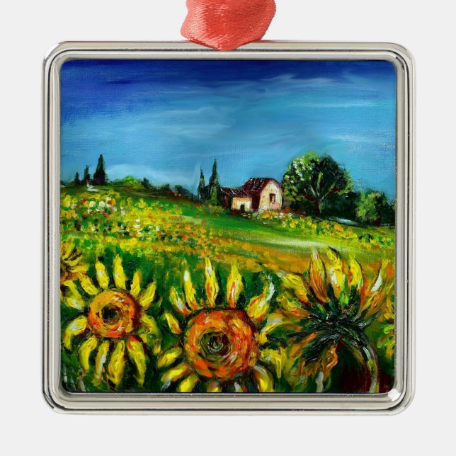 SUNFLOWERS AND COUNTRYSIDE IN TUSCANY Heart Metal Ornament (Front)