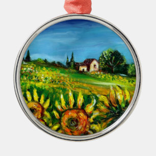 SUNFLOWERS AND COUNTRYSIDE IN TUSCANY METAL TREE DECORATION