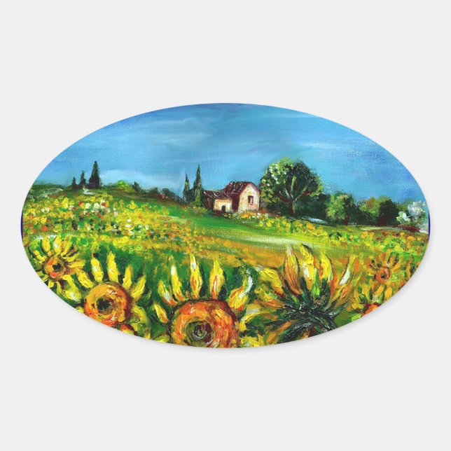 SUNFLOWERS AND COUNTRYSIDE IN TUSCANY,ovale Oval Sticker (Front)