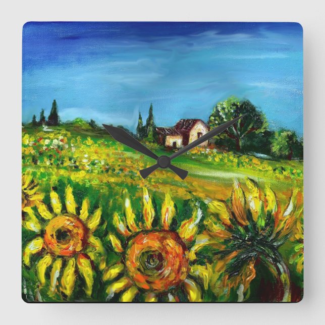 SUNFLOWERS AND COUNTRYSIDE IN TUSCANY SQUARE WALL CLOCK (Front)