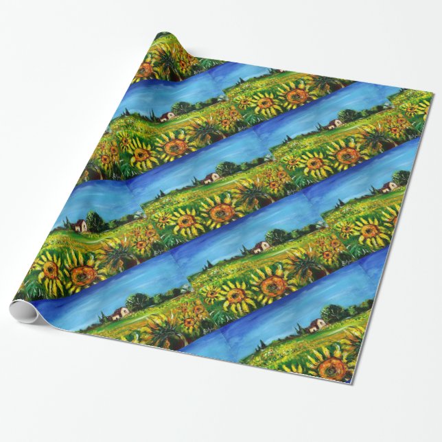 SUNFLOWERS AND COUNTRYSIDE IN TUSCANY WRAPPING PAPER (Unrolled)