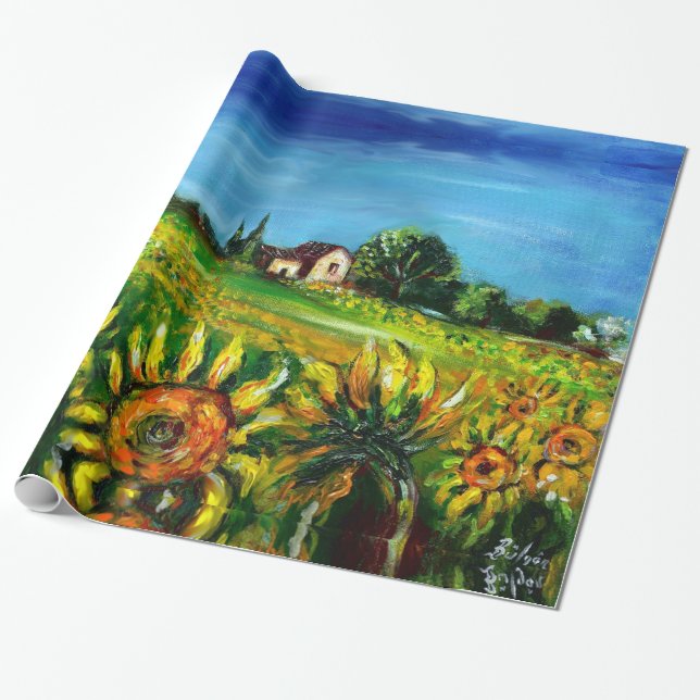 SUNFLOWERS AND COUNTRYSIDE IN TUSCANY WRAPPING PAPER (Unrolled)