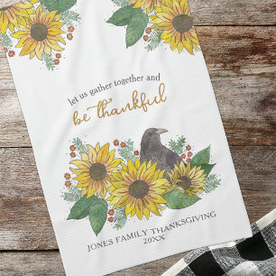 Sunflowers and Crow Thankful Thanksgiving Family Tea Towel