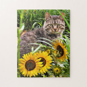 Sunflowers and Cute Cat Jigsaw Puzzle