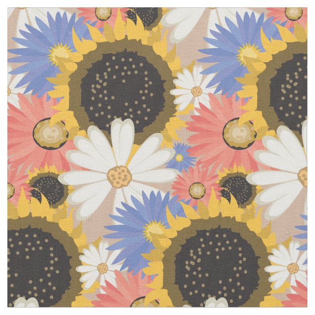 Sunflowers and Daisies Floral Pattern Fabric (Close Up)