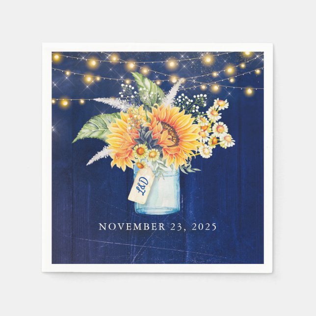 Sunflowers and Daisies Navy Blue Rustic Mason Jar Napkin (Front)