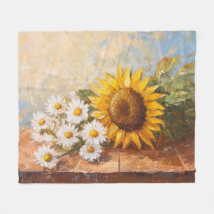 Sunflowers and Daisies on Rustic Table Fleece Blanket