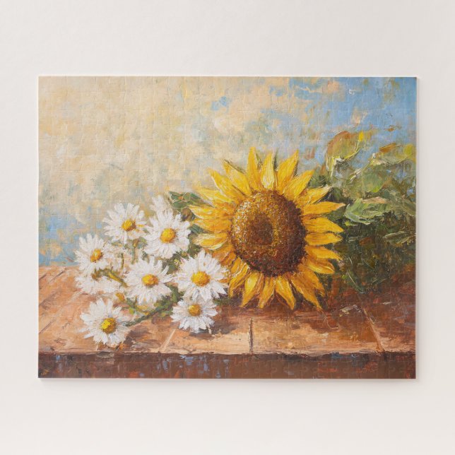 Sunflowers and Daisies on Rustic Table Jigsaw Puzzle (Horizontal)