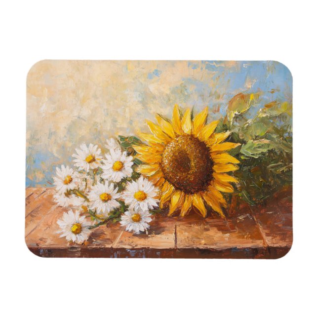 Sunflowers and Daisies on Rustic Table Magnet (Horizontal)
