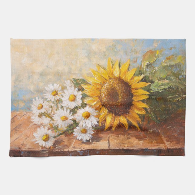 Sunflowers and Daisies on Rustic Table Tea Towel (Horizontal)