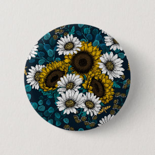 Sunflowers and daisies, summer garden 2 6 cm round badge