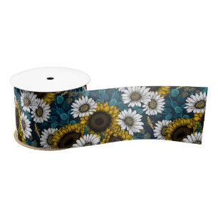 Sunflowers and daisies, summer garden 2 satin ribbon