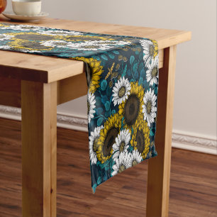 Sunflowers and daisies, summer garden 2 short table runner