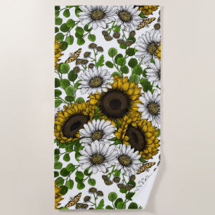 Sunflowers and daisies, summer garden 3 beach towel