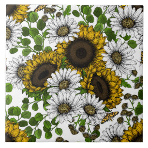 Sunflowers and daisies, summer garden 3 ceramic tile