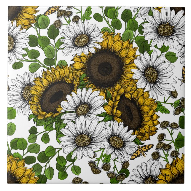 Sunflowers and daisies, summer garden 3 ceramic tile (Front)