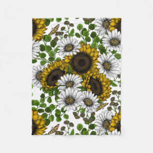 Sunflowers and daisies, summer garden 3 fleece blanket