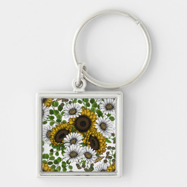 Sunflowers and daisies, summer garden 3 key ring (Front)