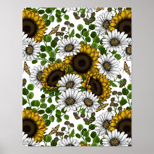Sunflowers and daisies, summer garden 3 poster (Front)