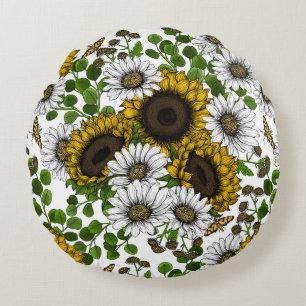 Sunflowers and daisies, summer garden 3 round cushion